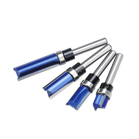 Get Ready For A Flawless Finish With This 4 Pcs Flush Trim Router Bit Set featuring four blue bits with smooth bearings and various sizes.