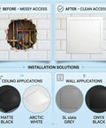 Before and after installation of Top Shelf Heavy Duty Ceiling Access Panel For Drywall And Electrical Conduits With Sleek Aluminum Magnetic Latch Concealed Recessed Hatch Cover Plate White 18 By 24 Inch Flush Seam Design Quick Setup Zero Sweat Job.