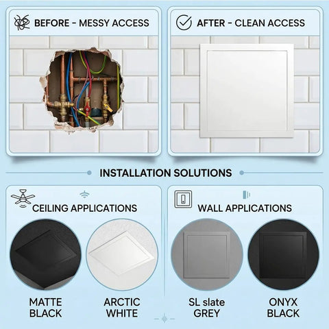 Before and after installation of Top Shelf Heavy Duty Ceiling Access Panel For Drywall And Electrical Conduits With Sleek Aluminum Magnetic Latch Concealed Recessed Hatch Cover Plate White 18 By 24 Inch Flush Seam Design Quick Setup Zero Sweat Job.