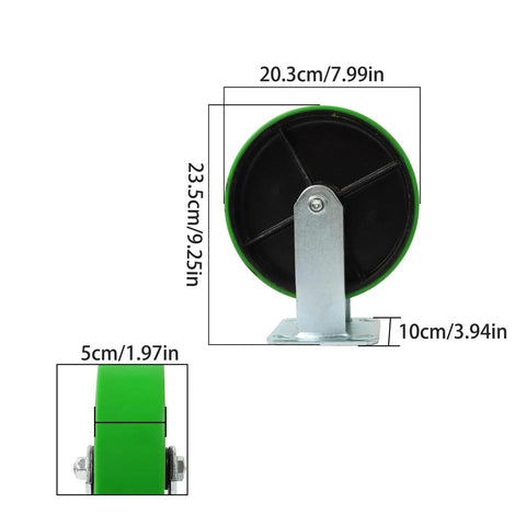 Rock Solid Eight Inch Polyurethane Wheel Plate Casters Featuring Polished Galvanized Steel Hub And Reinforced Bracket For Heavy Duty Industrial Shop Cart Roller Replacement Built Tough To Crush Heavy Loads - Green caster dimensions shown.
