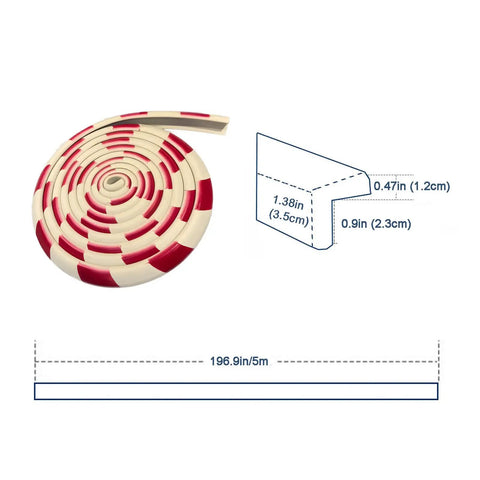 Wall Edge Corner Guards 196.9 Inch Long Red and White Self Adhesive Foam Protector Padding with dimensions diagram.