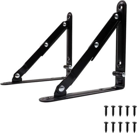 Heavy Duty Folding Shelf Brackets 8 Inch White Metal Corner Braces Built Like A Tank Triangle Supports with black finish.