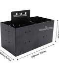 Universal Heavy Duty Detachable Storage Bin With Quick Release Rail Slides For RV Camper Trailer Pickup And Boat, metal toolbox in black, dimensions shown