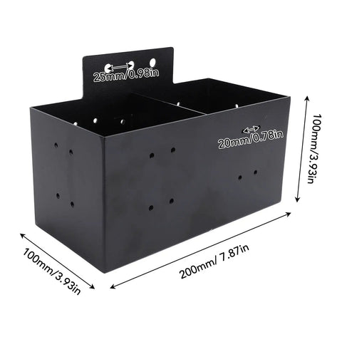 Universal Heavy Duty Detachable Storage Bin With Quick Release Rail Slides For RV Camper Trailer Pickup And Boat, metal toolbox in black, dimensions shown