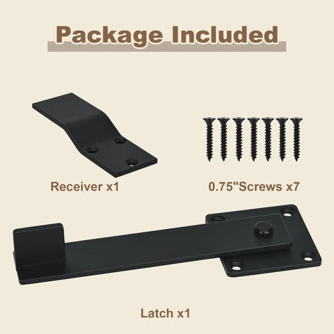 Package contents of 6 Inch Barn Door Flip Latch For Fence Gate Hardware And Shed Doors 360 Degree Rotating Lock Matte Black Finish