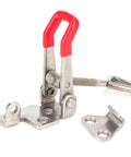 Heavy Duty Toggle Clamp Latch Adjustable Stainless Steel Draw Catch With 450 Pound Capacity, red handle, for toolboxes and cabinets.