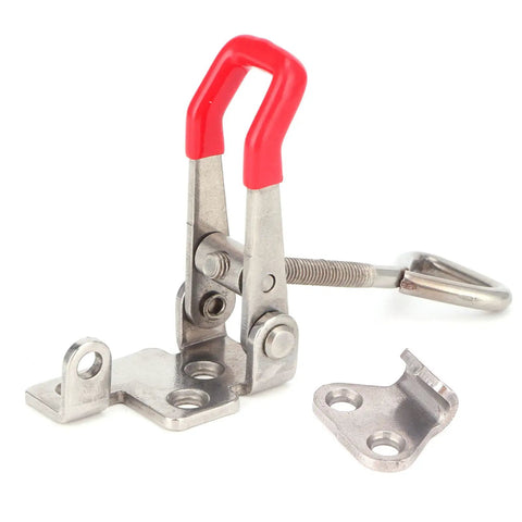 Heavy Duty Toggle Clamp Latch Adjustable Stainless Steel Draw Catch With 450 Pound Capacity, red handle, for toolboxes and cabinets.