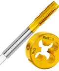 M10 X 1.5 Metric Tap And Die Set Right Hand M2 HSS Machine Thread Tap And Round Die Set, close-up on gold HSS steel construction