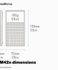 DM42n RPN Scientific Calculator With Hella Sharp 34 Digit Math Power dimensions displayed, showing size in mm and inches.