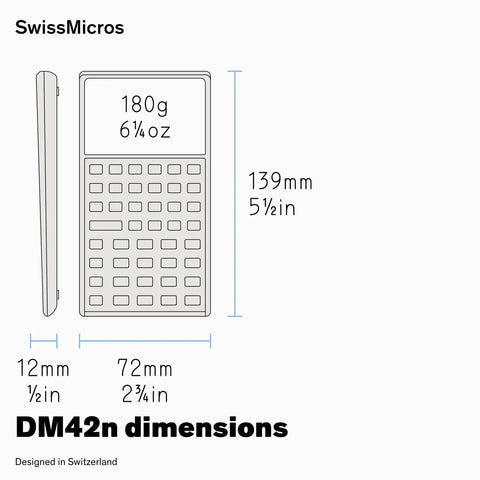 DM42n RPN Scientific Calculator With Hella Sharp 34 Digit Math Power dimensions displayed, showing size in mm and inches.