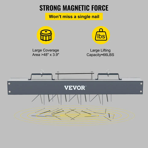 48 Inch Hanging Magnetic Sweeper With Heavy Duty Aluminum Casing, 67 Lb Lift Nail Magnet, Hang Type, forklift compatible