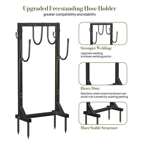Beefy Freestanding Metal Hose Holder Stand with 4 anchors and 6 hooks, upgraded welding, heavy-duty structure for garden use