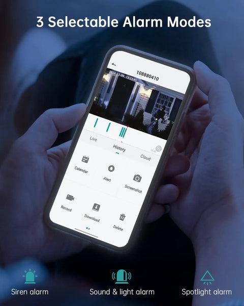 Smartphone showing security camera app with multiple alarm modes, compatible with Wireless Outdoor Security Camera With Battery Power.