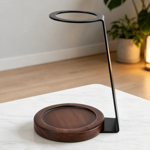 Kickstart Your Morning Routine With This Top Shelf Pour Over Coffee Dripper Stand, Smooth Operator Aluminum And Genuine Wood Filter Holder Rack, No Fuss Drip Brewing Station For Kitchen Counter on a marble surface.