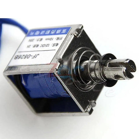 12V 2A Open Frame Solenoid Reset Electromagnet With 10mm Push Pull Stroke For Vending And Textile Machines DC Magnetic Actuator Open Coil Design Built In Mounting Board Heavy Duty DIY Friendly Plug And Play Ready, close-up side view