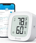 WiFi Thermometer Hygrometer With E Ink Display Real Time Indoor Temperature And Humidity Sensor next to smartphone app