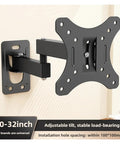 Rock Solid Full Motion Wall Mount TV Bracket With Ridiculously Smooth Swivel Arms And Effortless Tilt For 10 Up To 32 Inch Curved Screens Adjustable Display Stand on wall showing black steel mount with adjustable arm.