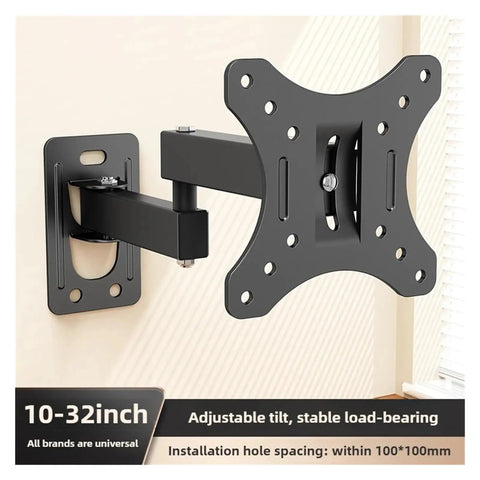Rock Solid Full Motion Wall Mount TV Bracket With Ridiculously Smooth Swivel Arms And Effortless Tilt For 10 Up To 32 Inch Curved Screens Adjustable Display Stand on wall showing black steel mount with adjustable arm.