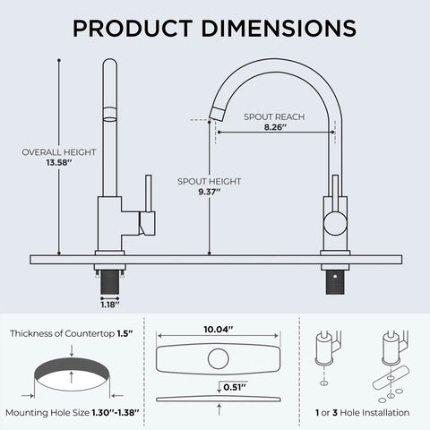 Product dimensions for Lead Free Stainless Steel Kitchen Faucet With Brushed Nickel Single Handle High Arc That Swivels 360 Degrees.