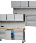 Two Pack 72 Inch High Rolling Tool Chest With 11 Spacious Drawers And 3 Secured Cabinets For Garage with wooden top and mobile wheels.