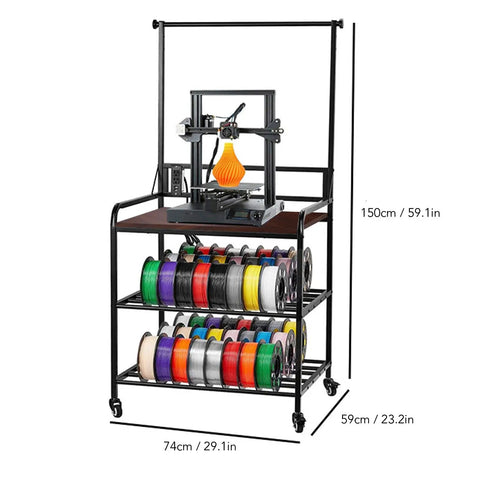 Tough As Nails 3D Printer Workbench Cart With Solid Wood Top And Steel Frame, 300 Lb Payload, with colorful filament storage.