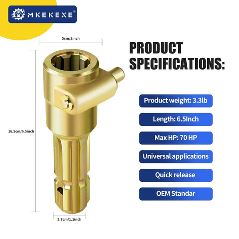 Heavy Duty PTO Extension Adapter For Tractors, One And Three Eighths Inch Six Spline Female And Male, Push Pin Quick Yoke, 70 HP PTO Shaft Extension, Alloy Steel Build, 6.375 Inch Overall Length, 4.125 Inch Extendable, Easy Quick Connect shown with dimensions