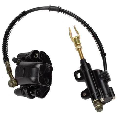 Beefy Rear Disc Brake Master Cylinder Caliper Assembly For Tao Tao Coolster And 50cc To 125cc Chinese ATVs 4 Stroke Quad Bikes Compatible With Roketa Loncin Lifan Vitacci Baja SunL NST Yamoto Apollo Peace Kayo, showing components with hose.