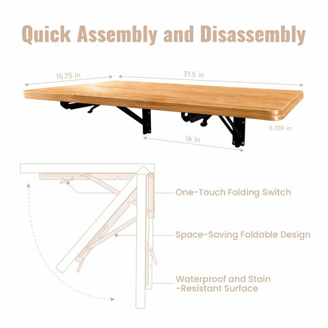 Wall Mounted Folding Table For Garage And Laundry Room Use, Handy Home Wall Desk And Folding Workbench, Space Saver That Handles Up To 100 Lbs, Solid Wall Mount Only, 15.7 By 31.5 Inches, Easy Fold Down Surface.