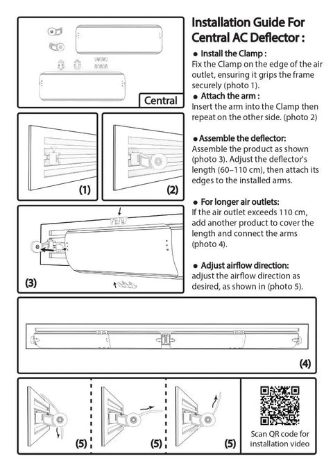 Instruction guide showing installation of Central Air Deflector Extender With 360 Degree Rotation Adjustable From 24 To 43 Inches
