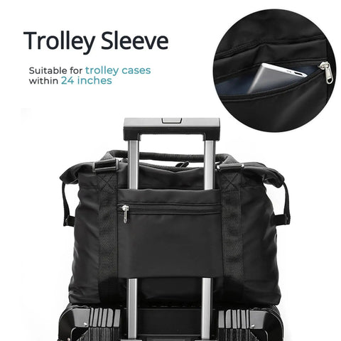 Versatile Travel Gym Bag For Women With Wet Pocket Carry On Duffle Tote Luggage on trolley handle, showing zipper detail.