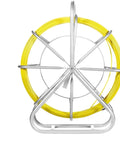 Fiberglass Fish Tape 656 Feet Quarter Inch Duct Rodder Wire Puller Cable Running Rod With Steel Reel Stand Pro Grade Heavy Duty For Walls And Electrical Conduit Flexible Tough Strength Minimum Bending Radius 13 Inches, yellow coil on steel reel