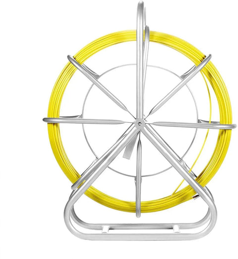 Fiberglass Fish Tape 656 Feet Quarter Inch Duct Rodder Wire Puller Cable Running Rod With Steel Reel Stand Pro Grade Heavy Duty For Walls And Electrical Conduit Flexible Tough Strength Minimum Bending Radius 13 Inches, yellow coil on steel reel