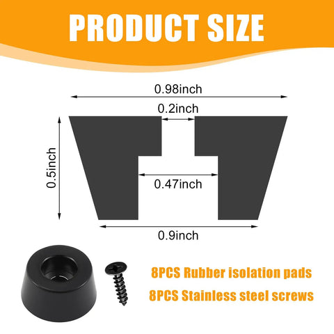 Product size image showing Heavy Duty Rubber Feet And Isolation Pads To Crush The Rattle And Keep Your Gear Planted Solid For Subwoofers Guitar Amps Turntables And Furniture With Stainless Screws dimensions.