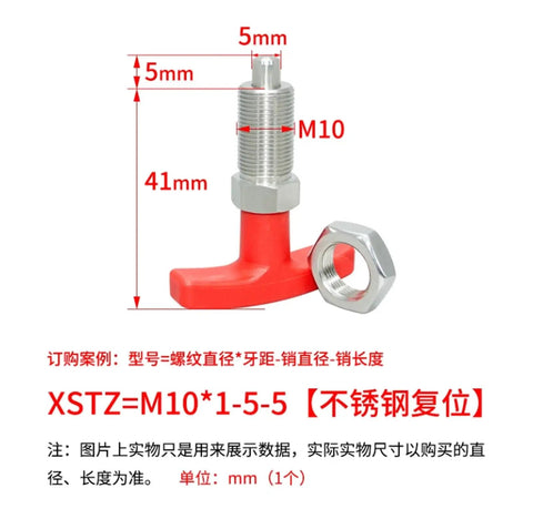 Heavy Duty Red Plastic T Handle Plunger Spring Indexing Pin For M12 M16 M20 M24 Locking Rig with M10 thread and dimensions.