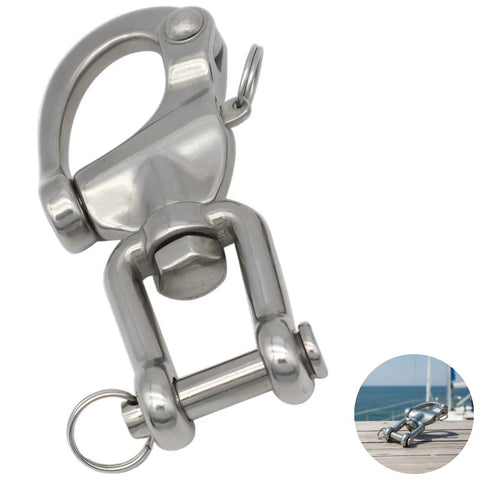 Heavy Duty 316 Stainless Steel Snap Shackles Quick Release Marine Swivel Hooks close-up, showcasing polished finish and lock mechanism.