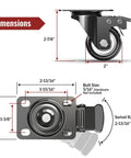 Dimensions of 2 Inch Heavy Duty Caster Wheels Set Of 4 With Dual Total Lock Brakes 600 Lb Load Capacity Noiseless Non Marring PU Wheels.