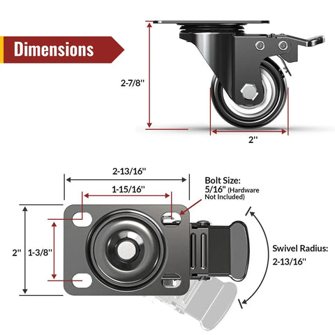 Dimensions diagram of 2 Inch Heavy Duty PU Caster Wheels With Hella Sturdy Dual Locking Brake Eight Pack, showing size and bolt specs.