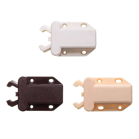 Three Push To Open Cabinet Latch Auto Retracting Cupboard Door Catch in white, beige, and black, showing different angles for installation.