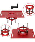 Router Table Lift Base With Easy Crank Up To 70mm Travel, Universal Fit For Small Routers, Aluminum Alloy And Stainless Steel 2 Jaw Clamp, Solid Lifting System For Precise Trimming And Above Table Height Adjustments on red table plate