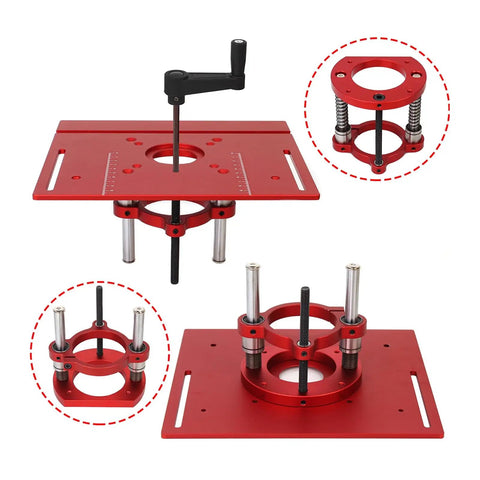 Router Table Lift Base With Easy Crank Up To 70mm Travel, Universal Fit For Small Routers, Aluminum Alloy And Stainless Steel 2 Jaw Clamp, Solid Lifting System For Precise Trimming And Above Table Height Adjustments on red table plate
