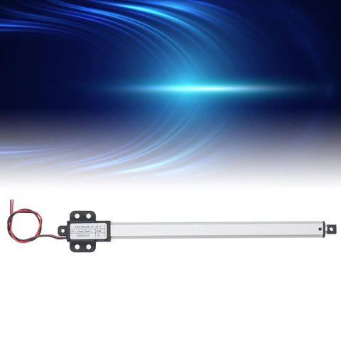 Compact 12V DC Linear Actuator With 200mm Stroke, 150N Lift, 4mm/s Travel, IPX4 Rating, shown against a blue background