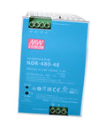 Heavy Duty 480W Din Rail Power Supply with 48V 10A output for industrial control panels, metal housing, side view.
