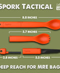 3-In-1 Tactical Spork Orange All-In-One Spoon Fork Knife With Built-In Fire Starter, showing dimensions and detachable parts