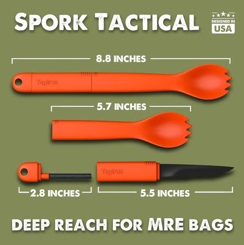 3-In-1 Tactical Spork Orange All-In-One Spoon Fork Knife With Built-In Fire Starter, showing dimensions and detachable parts