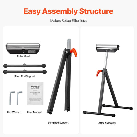 Built Like A Tank Heavy Duty Roller Stands Two Pack Adjustable Shop Supports, showing parts for easy assembly including roller head and supports.