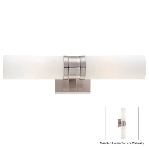 Reversible Satin Nickel Wall Sconce for Bathrooms, 18.5H x 4.25W x 5.5D, damp location vanity light, dual LED-ready T10 bulbs shown horizontally