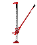 Beefy 7000 Pound Capacity High Lift Farm Jack With Ratcheting Mechanism 48 Inch Lift, red with adjustable handle, side view