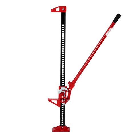 Beefy 7000 Pound Capacity High Lift Farm Jack With Ratcheting Mechanism 48 Inch Lift, red with adjustable handle, side view