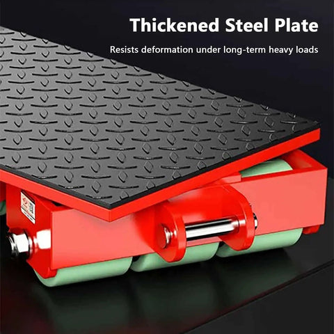 Heavy Duty Non Slip Machinery Moving Skates Featuring 180 Degree Swivel Steering For Seamless Shop Floor Moves And No Sweat Transport Of Heavy Industrial Gear, showcasing thickened steel plate and roller design.