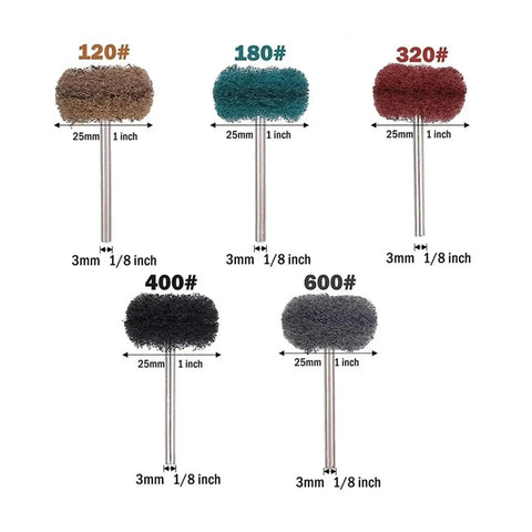 Dope 10 Pack Of 25mm Nylon Abrasive Brush Wheels With A Sturdy 3mm Shank For mini grinders and rotary tools, various grits display.